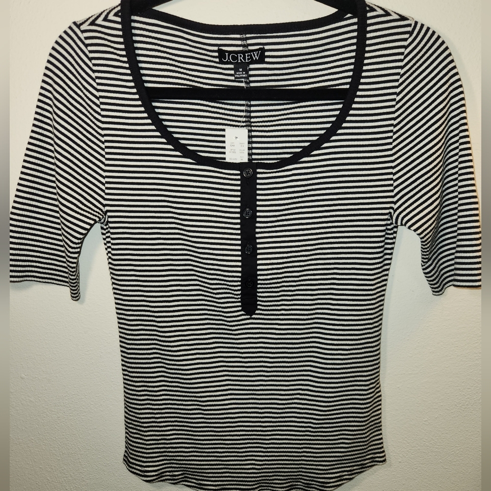 NWT J. Crew Short Sleeve Vintage Rib Henley Black White Stripe Women's Medium